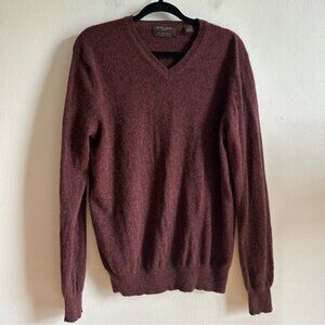 Black Brown Sz L 100 2 Ply Cashmere Burgundy V Neck Sweater